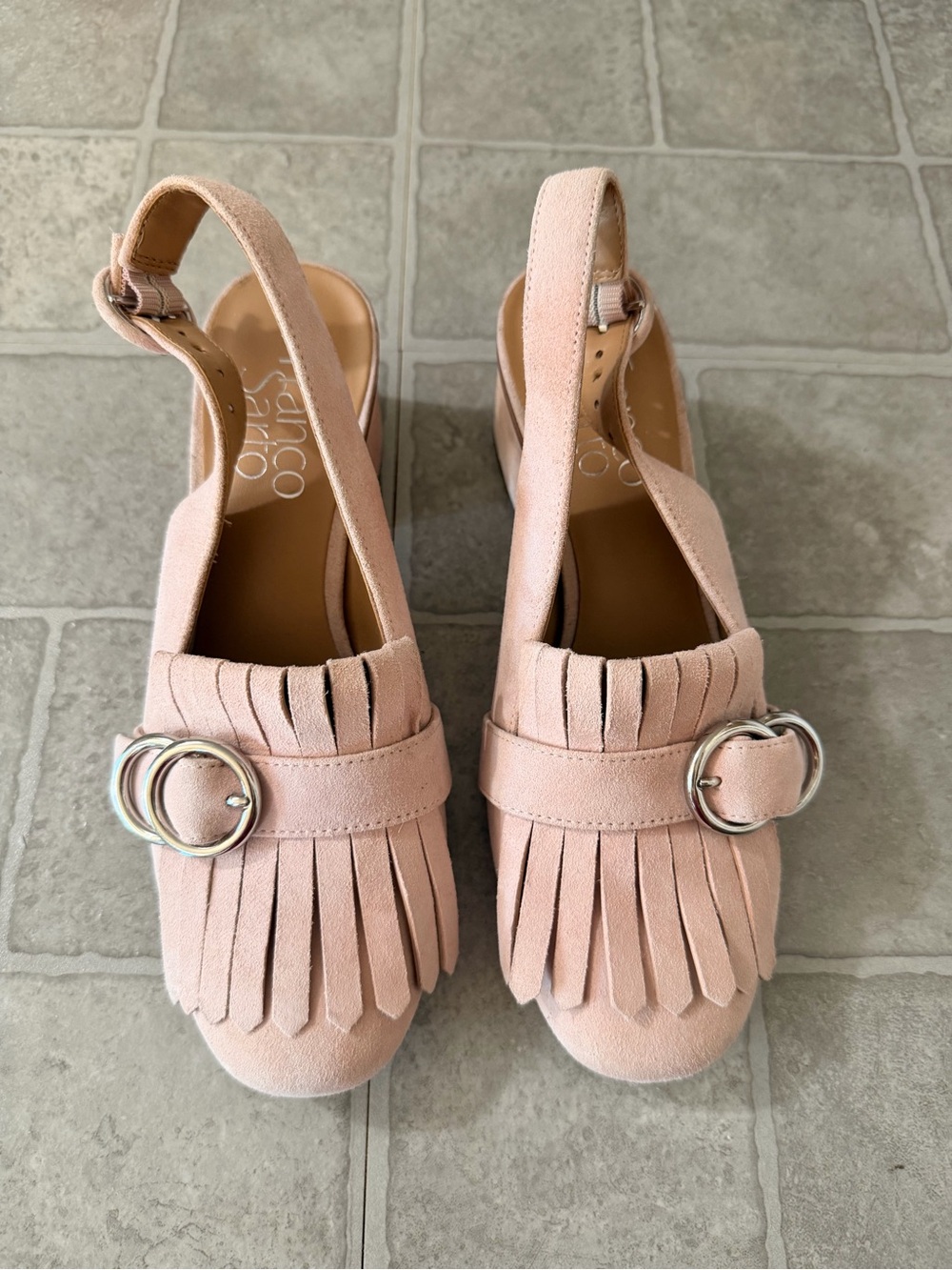Franco Sarto Blush Pink Suede Fringe Slingback Wedges